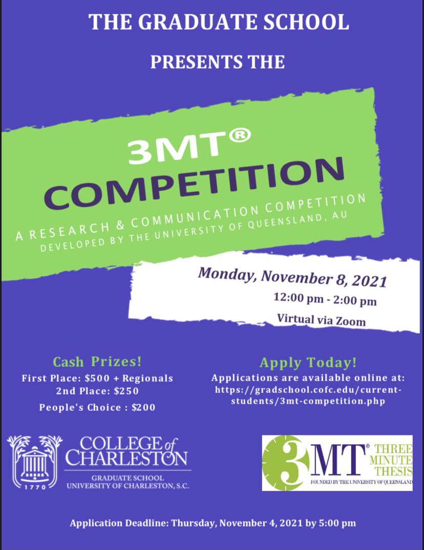 CofCGHS's tweet photo. Participate in the Graduate School’s Annual 3MT® Competition! Link to sign up here: https://t.co/jorllwmtki https://t.co/J5ZlVri9HN