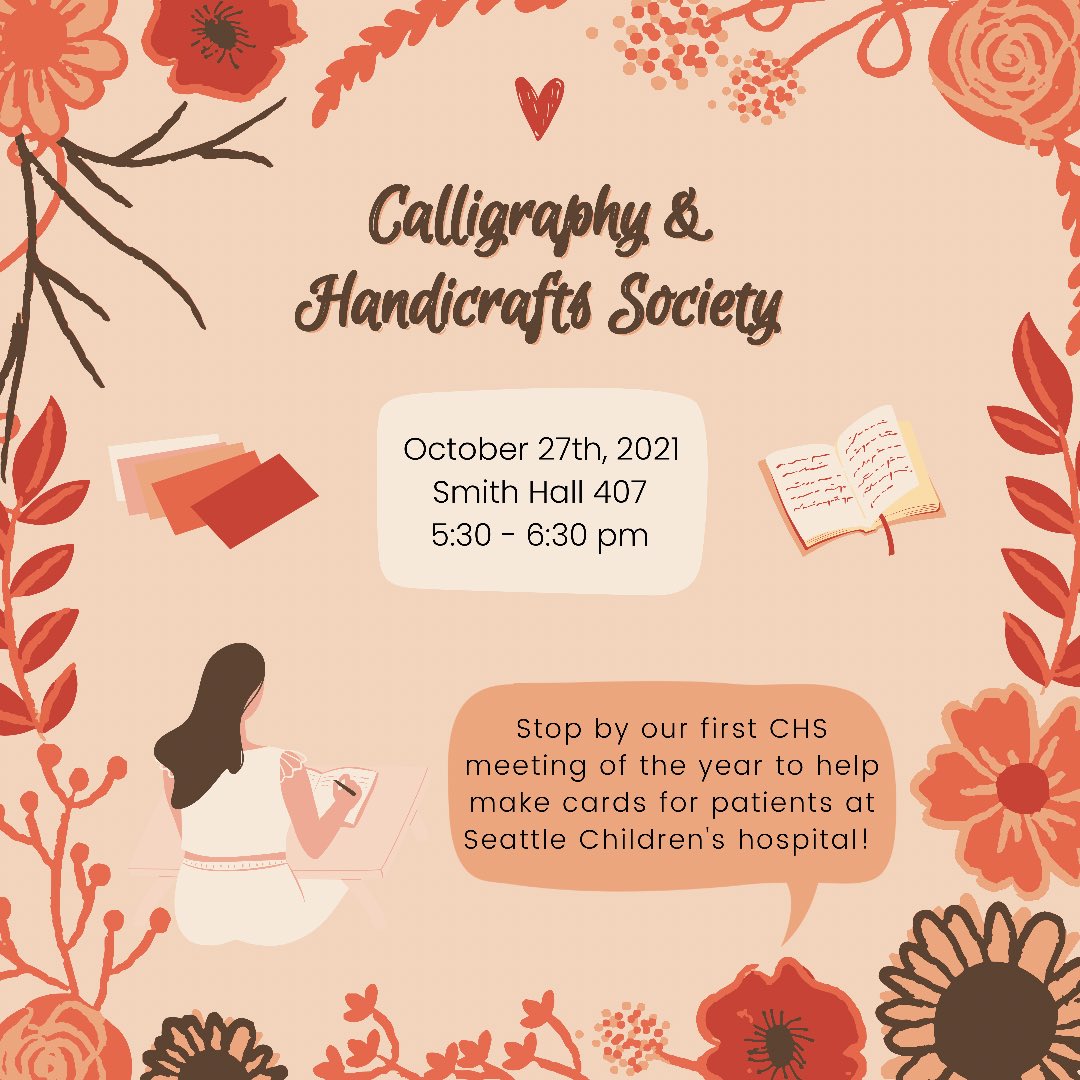 uw_chs's tweet photo. Tomorrow is the FIRST MEETING of CHS! Feel free to stop by from 5:30 to 6:30pm at Smith Hall 407!! We will be practicing some more of the basic brush lettering techniques to use to make some cards for patients at the Seattle Children’s Hospital. We’d love to see you there ! https://t.co/6IVH2VUrYg