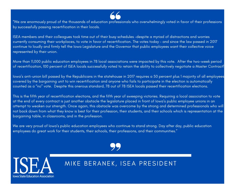 IowaSEA's tweet photo. Statement from ISEA President Mike Beranek on the recertification vote results with 100 percent of ISEA locals voting to recertify.
#VoteYESIA #StrongPublicSchools #iaedchat #iaedfuture https://t.co/iT5wjEU2hE