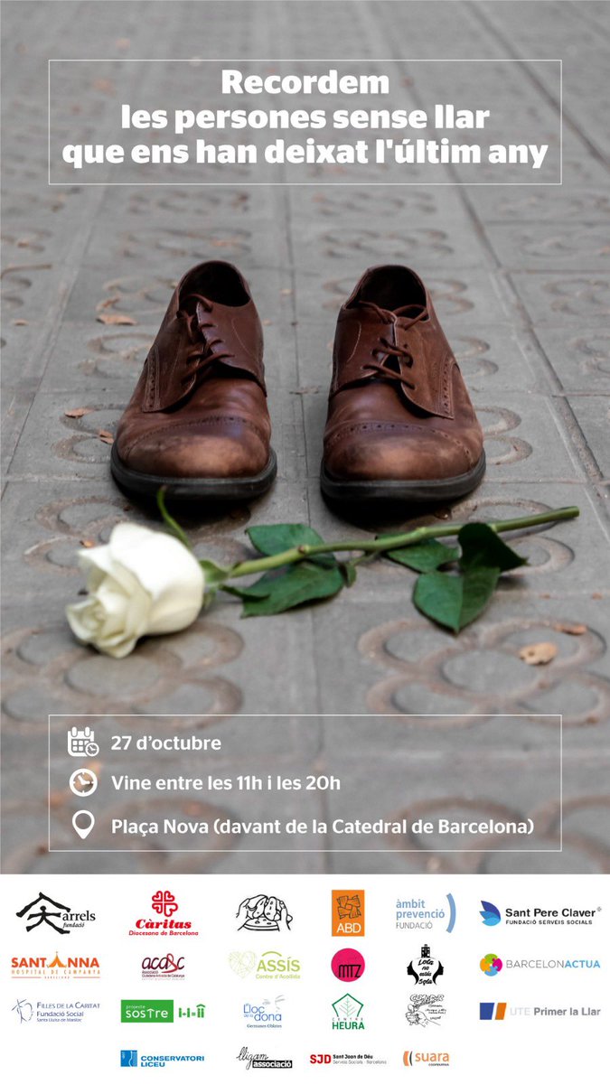 Mañana miércoles 27 será el acto cívico de recuerdo de las personas sin hogar fallecidas el último año. El momento central será a las 18h en la plaza de la Catedral Aunque se podrá visitar el memorial de 11 a 20h Os invitamos especialmente a acercaros. La memoria de los olvidados