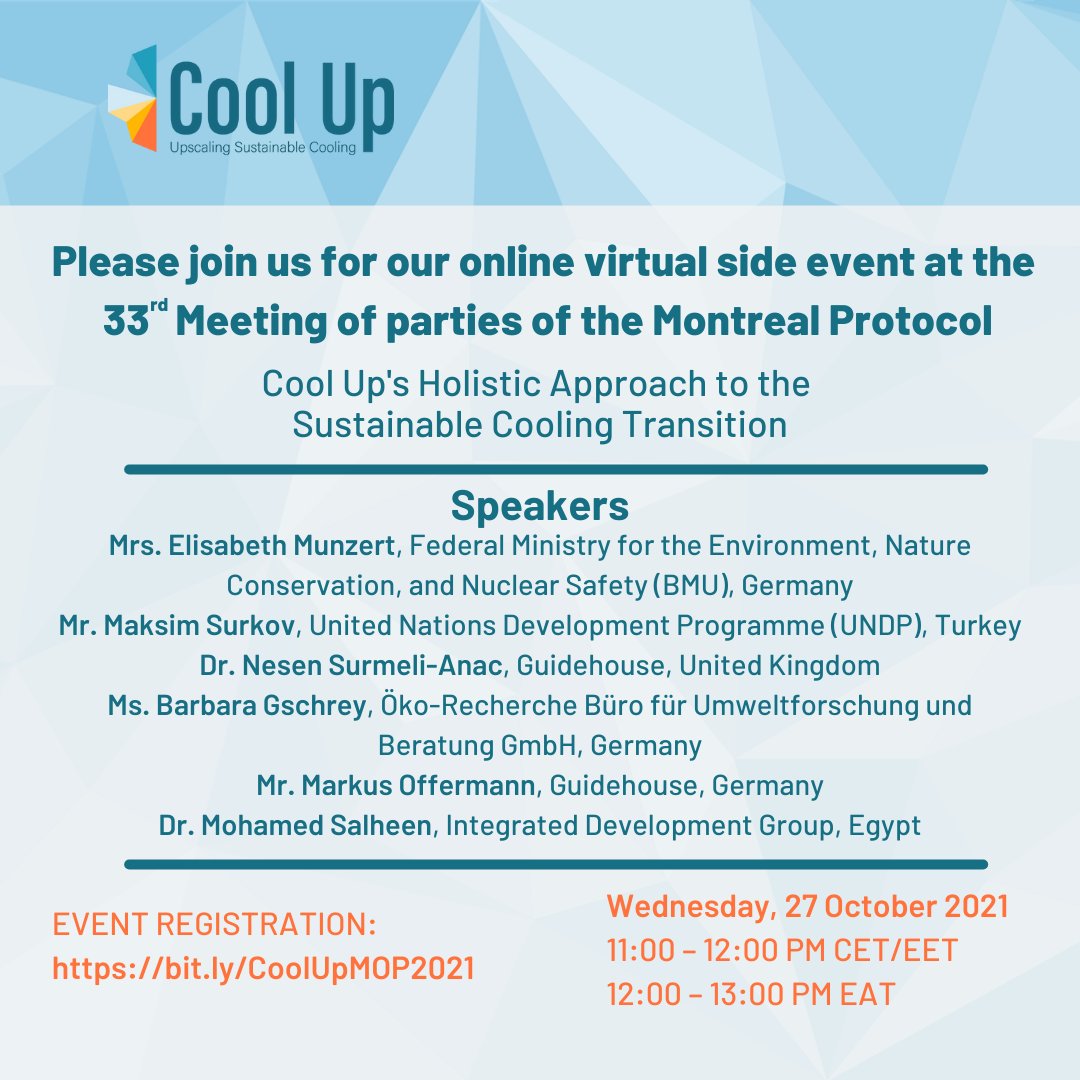 EtienneGonin's tweet photo. Don't miss this side event! @UNDP partnering with @GuidehouseESI and others on this new innovative project for #sustainablecooling in Egypt, Jordan, Lebanon and Turkey! Possible thanks to @iki_BMU. Wed 27/10 - 11AM CET. Register here: https://t.co/69qliAdyFV. #MOP33 @WeAreCoolUp https://t.co/THeXli2rSr