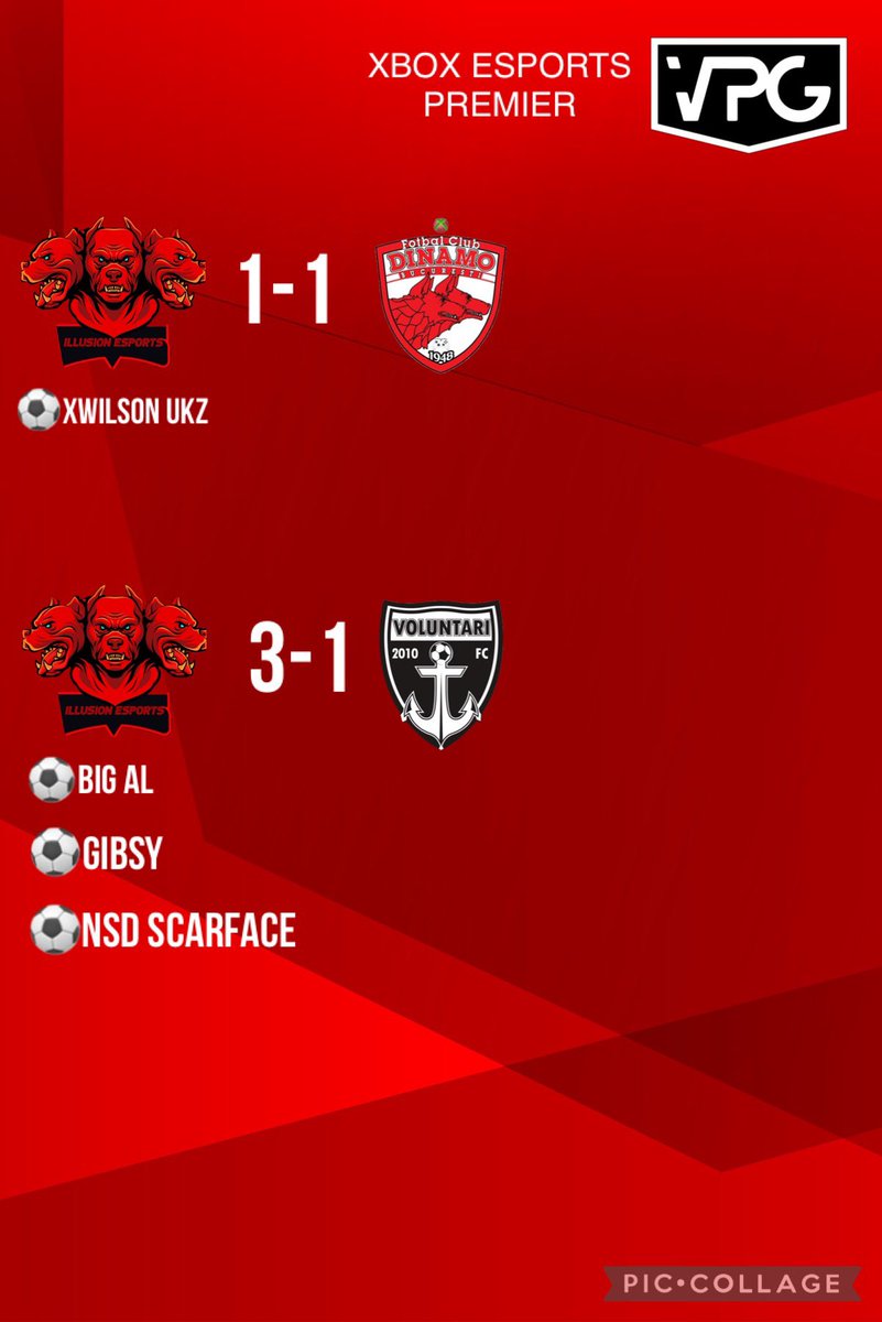 FULL TIME:

Illusion ESports 1-1 VFC Dinamo Bucuresti
⚽️XWilson UKz <a href="/Wilson_Matty21/">Matty Wilson</a> 

Illusion ESports 3-1 Voluntari eSports
⚽️BIG AL
⚽️GIBSY <a href="/JoshuaGibson88/">Joshua Gibson</a> 
⚽️NSD SCARFACE <a href="/NSDSCAR47FACE/">NSD SCAR47FACE</a>