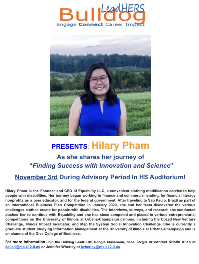 MSHSBulldogs's tweet image. Save the date MSHS students! Bulldog LeadHers welcomes Hilary Pham as she presents her journey in scientific innovation success on 11-3 in the auditorium during advisory!