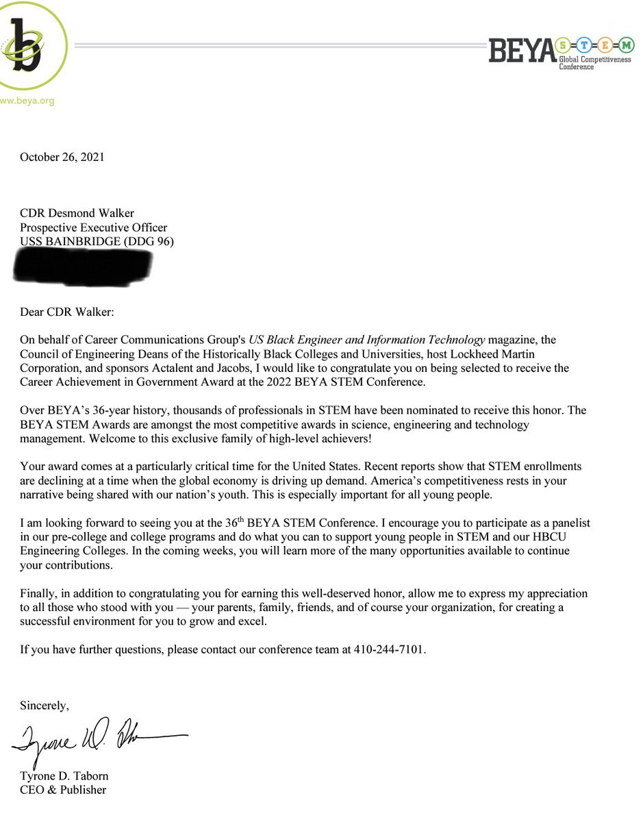 deedubya78's tweet photo. I am humbled and honored by my selection for the Career Achievement in Government Award at the 2022 Black Engineer of the Year Award STEM Conference. I hope to encourage others to believe that anything is possible! @BlackEngineer @chinfo #BEYAProud #RepresentationMatters https://t.co/2QCfdjMJxY