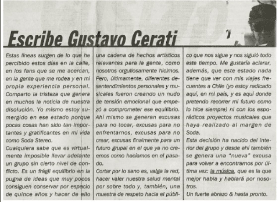 97_obratotal's tweet photo. Fue en 1997 cuando Soda Stereo publicó una sentida carta publicada en el Suplemento Sí! del diario Clarín a sus fans anunciando la separación del grupo. Cerati escribía estas palabras: #50huellasET #roma5 @Altax4D https://t.co/TTokjQpQgm