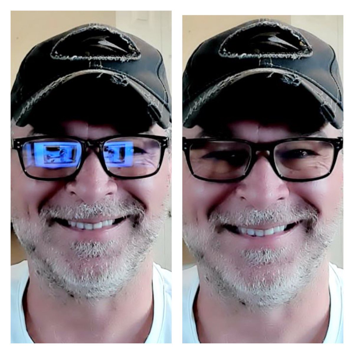 BunnyEyezCo's tweet image. An incredible  @bunnyeyez feature you can’t get anywhere else, clear lenses on a zoom! Here is our friend in a zoom on the left wearing his glasses&amp;amp;on the right in the same zoom tilting the front of the frame of his #bunnyeyez -no reflection! Wow! #wearable #tiltable #flipable