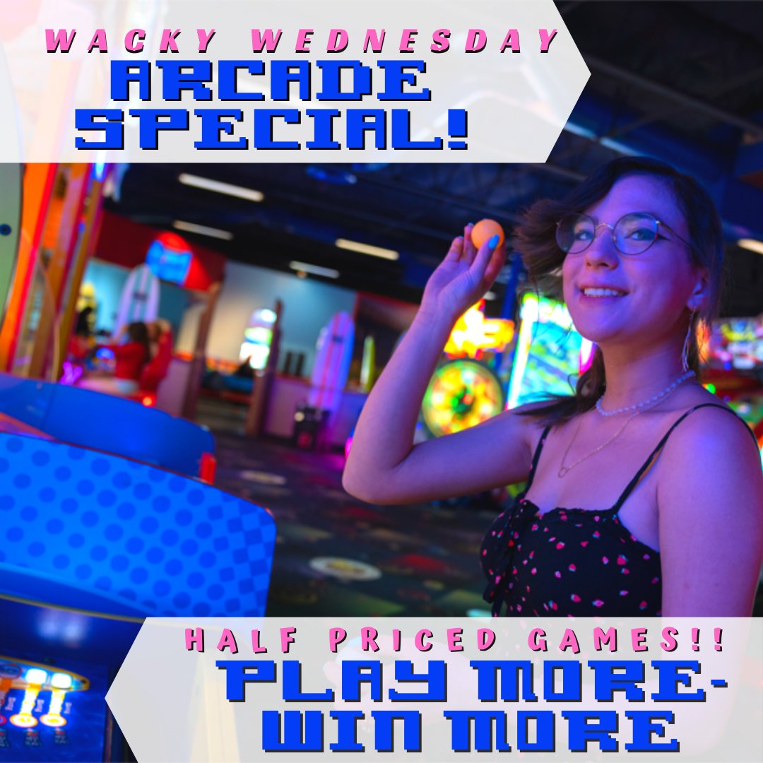 🌟#PlayMore #WinMore on #WackyWednesday at our #arcades ! Come into our parks on #Wednesday and double your fun! We've halved the prices on our arcade games 🕹️for your afternoon binge #gaming 👾Half Price Arcade Special is valid on Wednesdays ONLY 👾