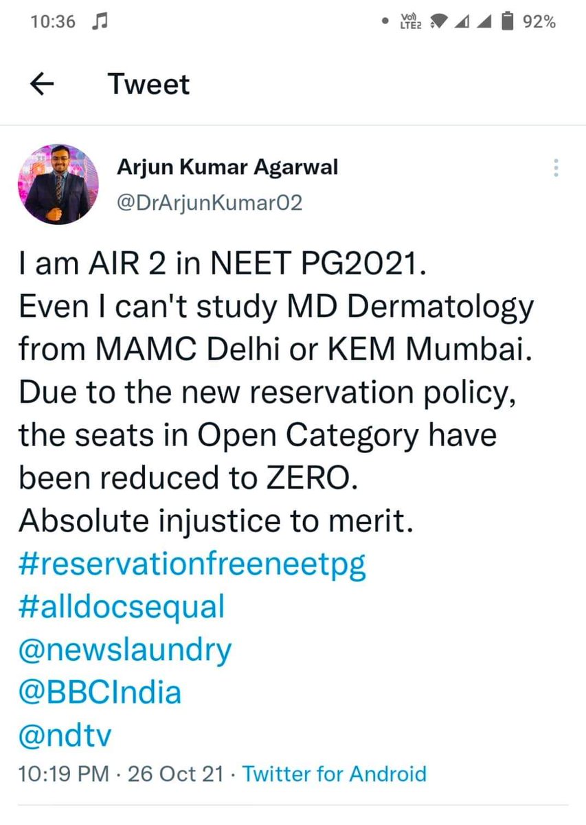 ShraddhaHirem13's tweet photo. This is India,if this the case of Air 2 what abt other merit rank holders.We need Meritorious doctors, 
Kindly end  merit in post graduation level
#reservationfreeneetpg 
#alldocsequal https://t.co/jpsxI0bwII
@DrDatta_AIIMS @DrSaurav5 @MeritUnity @MulawkarUtpala @save_merit https://t.co/hqZp69UspB