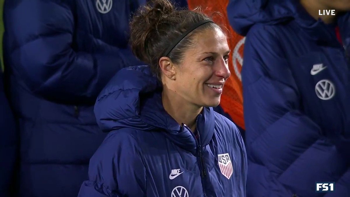 FOXSoccer's tweet photo. All the emotions for @CarliLloyd while watching her postgame tribute video ❤️🇺🇸 https://t.co/tBx8pQGQYW