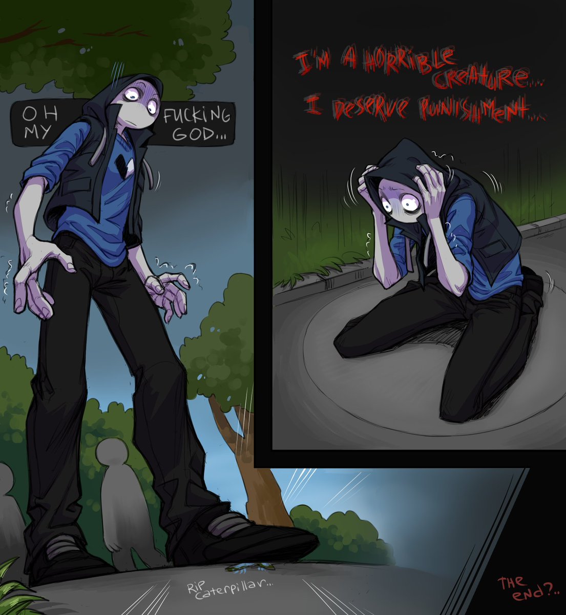 A sudden moment of clarity and self-awareness?
The moral compas is so broken. Murdering people? That's fine~ T'was an accident, they fell on the knife by themselves! I swear.
But stepping on a thing your loved one spared? HORRIBLE CRIME.
#YourBoyfriendfanart #YourBoyfriendGame