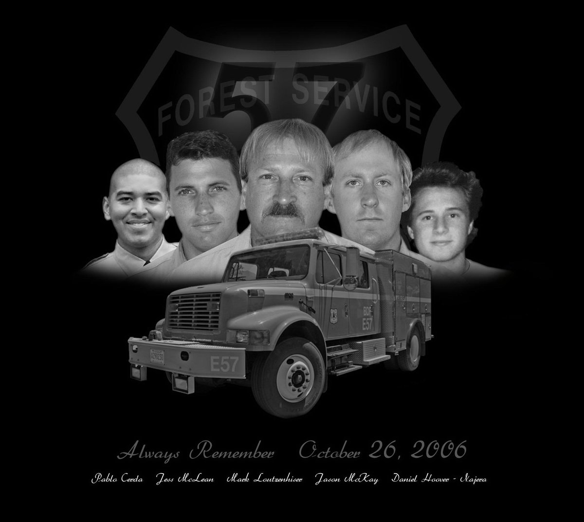 SanBernardinoNF's tweet photo. 15 years ago today, the Esperanza Fire burned over Engine 57. Five San Bernardino Nat'l Forest firefighters paid the ultimate sacrifice while serving the American public:

Mark Loutzenhiser, Jess McLean, Jason McKay, Pablo Cerda and Danny Hoover-Najera.

We will NEVER forget. https://t.co/GCxKw6RDbu