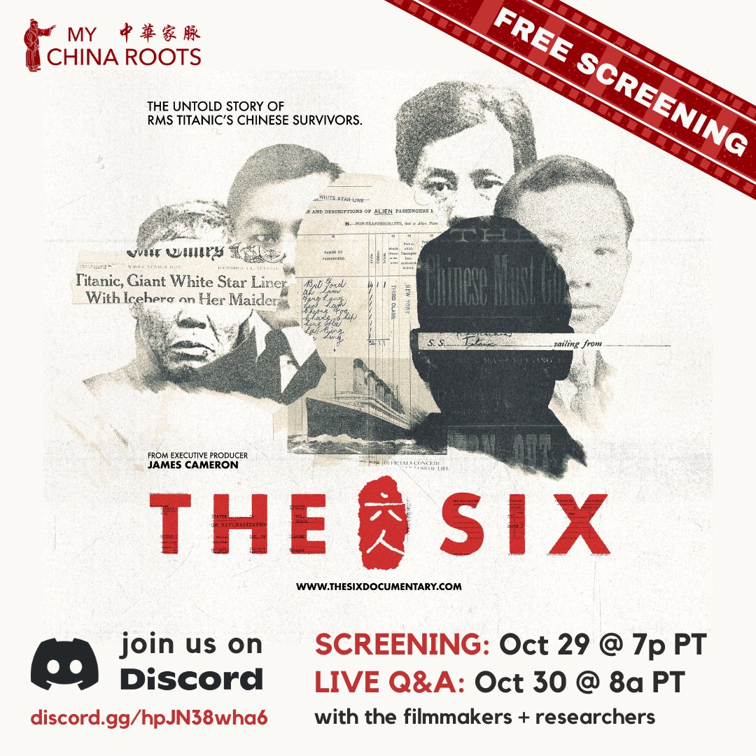 This weekend, join us on Discord for a free film screening + live Q&amp;A for THE SIX, the untold story of the 6 Chinese survivors of the Titanic 🛳️
We are honored to be part of the film and can't wait to dive behind the scenes with you!
Join us here: discord.gg/hpJN38wha6