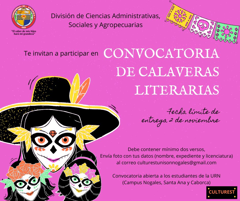 UnisonURNorte's tweet photo. Convocatoria de Calaveras Literarias para alumnos de la URN Universidad de Sonora @SoyUnison https://t.co/bQrSKLDoAl