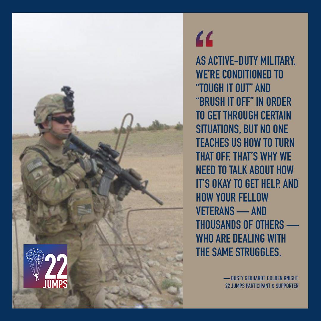 22jumps's tweet photo. From Grunt to Golden Knight, Dusty Gebhardt shares his story and why he fundraises for #22Jumps. โถ https://t.co/tYb6GSL8yl
#ParachutingWithPurpose #veterans #suicideprevention #army https://t.co/DJK0pUCfEn