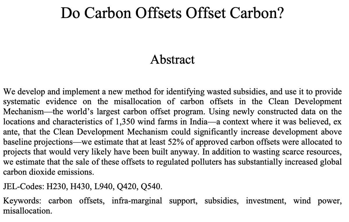 RDMetcalfe's tweet photo. Do Carbon Offsets Offset Carbon?

A new super interesting paper suggests no. 

Many Clean Development Mechanism projects are inframarginal and offsets end up increasing CO2 emissions!

By Calel, @JonathanColmer, Dechezleprêtre, &amp; Glachant.

https://t.co/UC3JcxkhWl https://t.co/0imGy6fCqs