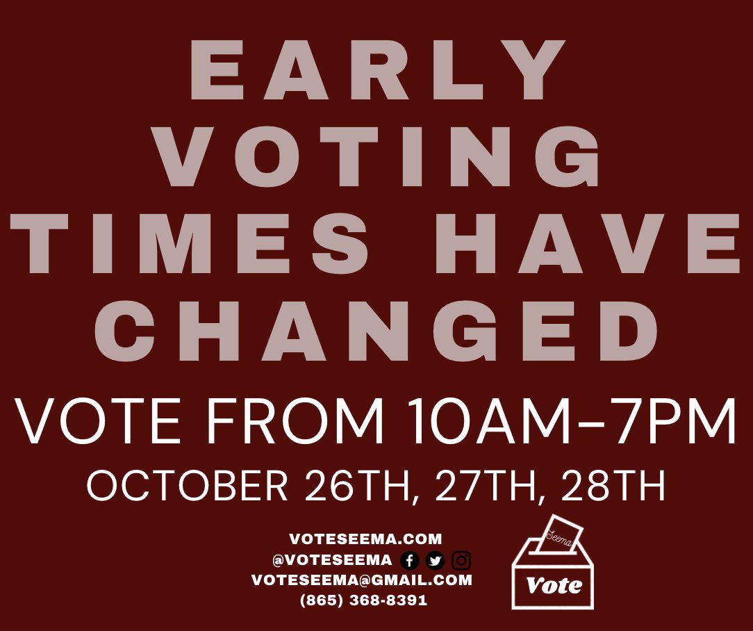 You've still got 1 hour to get to the polls today! Early Voting times have changed. You can vote at ANY of the six polling locations until 7 today through Thursday. * Meridian Baptist church will close at 5 on Wednesday.