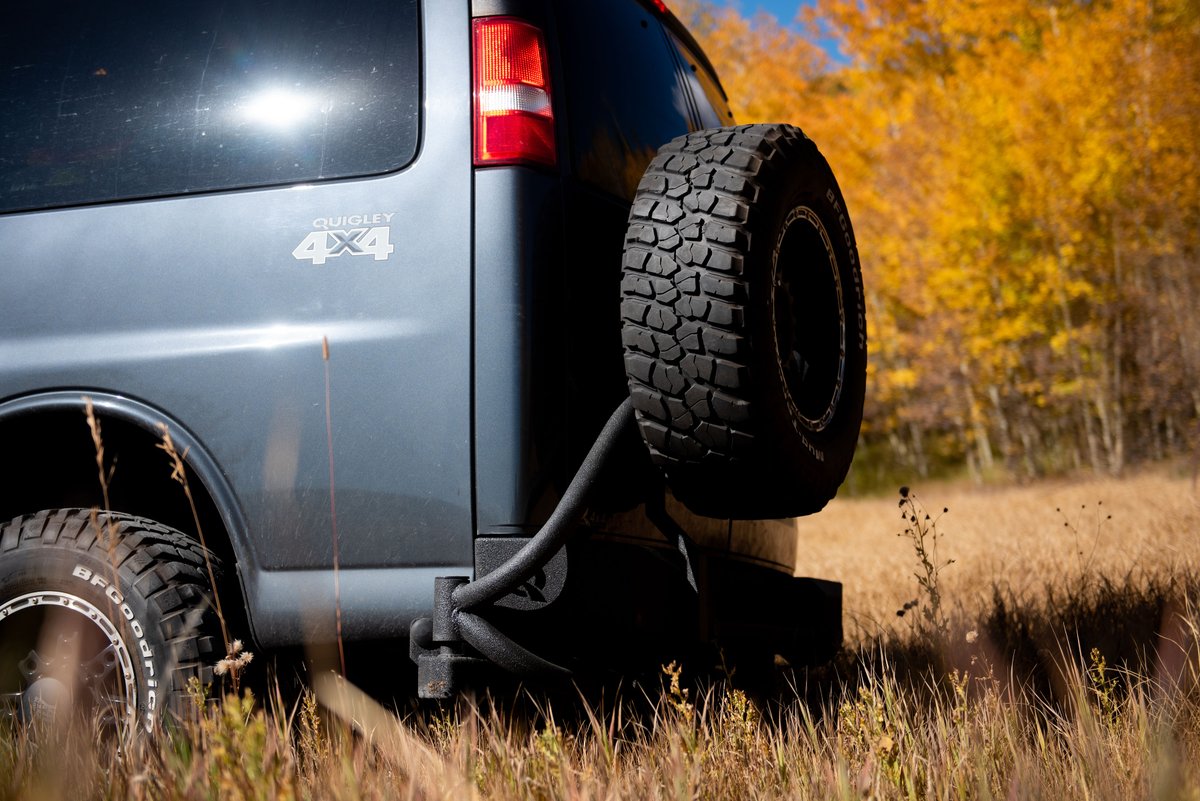 Spare tire never rode better. 😉
.
.
#tirecarrier #nobolts #quigley4x4 #meanandclean #accessories #vanlife #grandjunction #colorado #mudtires #4x4vans #travel