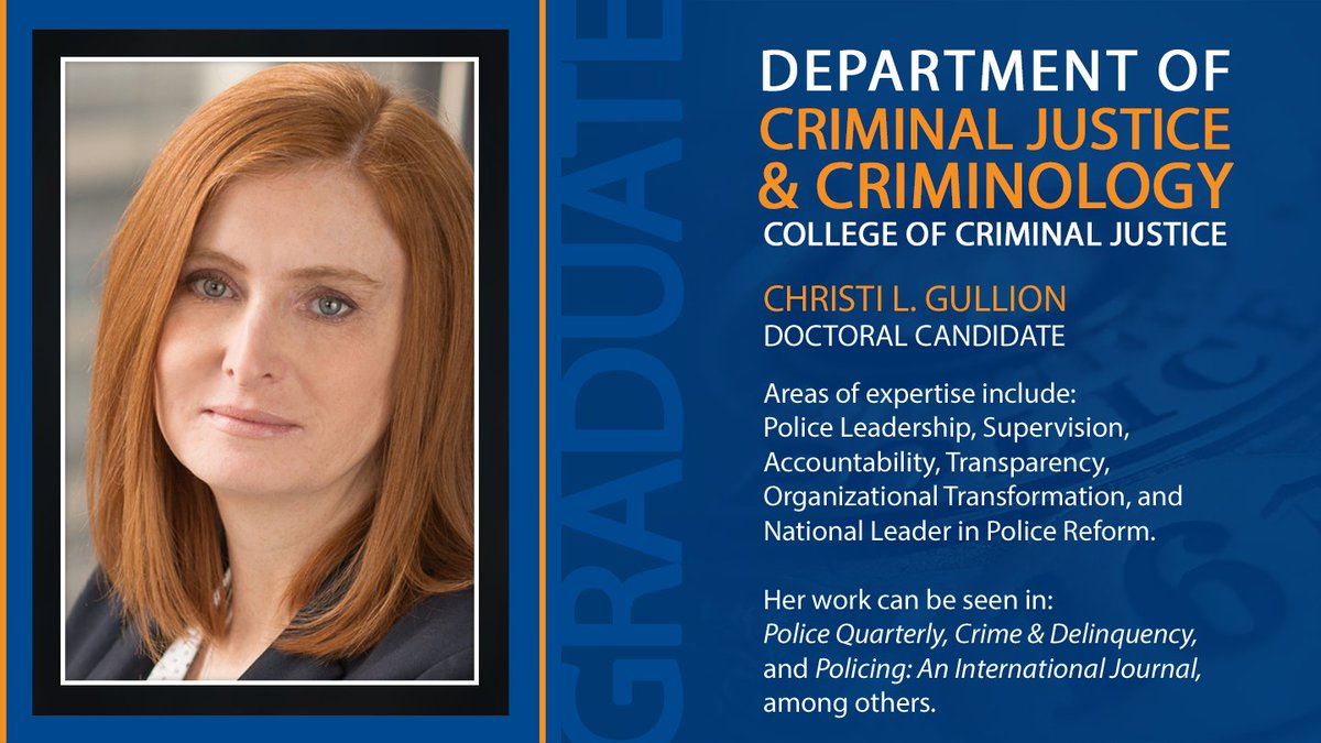 Hey CJ! Meet Christi L. Gullion (<a href="/ChristiGullion/">Dr. Christi Gullion</a>)! She is currently a doctoral candidate in the Department of Criminal Justice and Criminology and is ready to enter the job market. 
Email: clg084@shsu.edu
LinkedIn: linkedin.com/in/christi-gul…
#shsu #JobMarketSpotlight