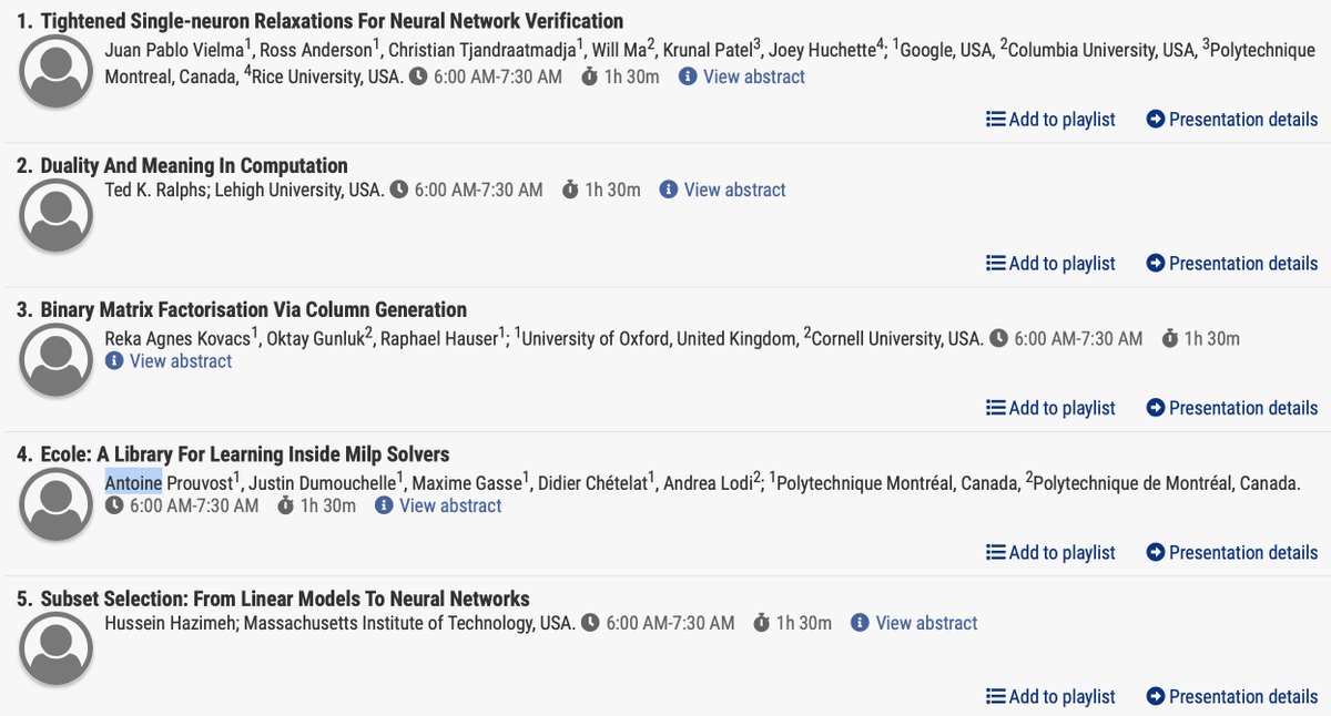 hazimeh_h's tweet image. Check out our #INFORMS2021 session on Discrete Optimization and Machine Learning -- Wednesday (tomorrow) at 6:00 am PDT

Terrible timing but great speakers: @J_P_Vielma @TedRalphs @rekaagneskovacs @AntoineProuvost 

Link: cattendee.abstractsonline.com/meeting/10390/…