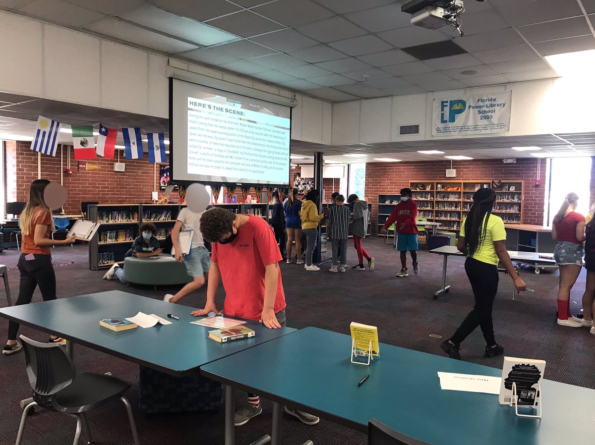 beach_nole's tweet photo. Super fun day doing a Murder Mystery in the library. The students had fun and learned a bit about find the details and evidence to support their theories 😉 thanks @CarrieFriday for the idea!#murderinthelibrary #bestjob #challengerlibrary https://t.co/PwJbU0Uwwj