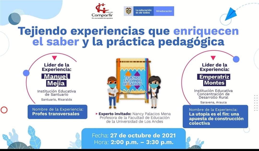 Los invitamos a ser parte de 'Tejiendo experiencias que enriquecen el saber y la práctica pedagógica' con la ganadora del <a href="/PremioCompartir/">Premio Compartir</a>, Nancy Palacios Mena. 

Conéctesen aquí: eventosmineducacion.webex.com/eventosmineduc…

👉Contraseña del evento: 2021