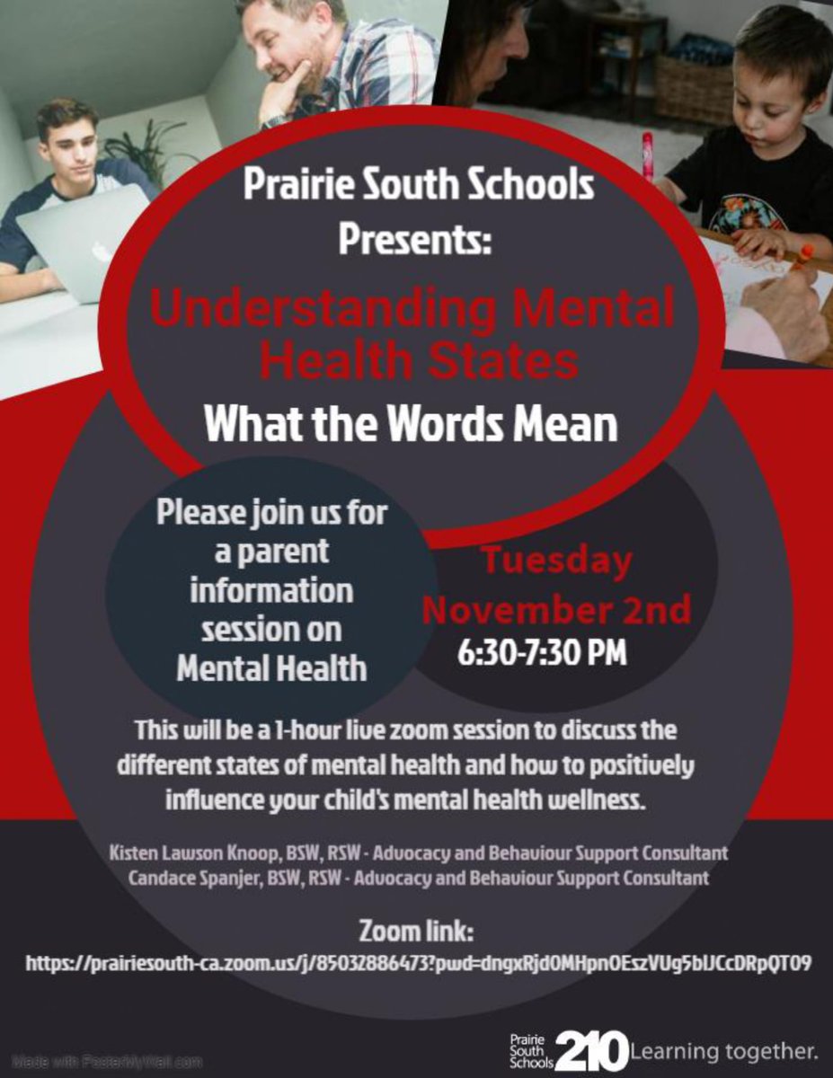 Attention Prairie South parents! Join us virtually on Tuesday, November 2 for a parent session on understanding more about mental health. #WorkingTogether #LearningTogether