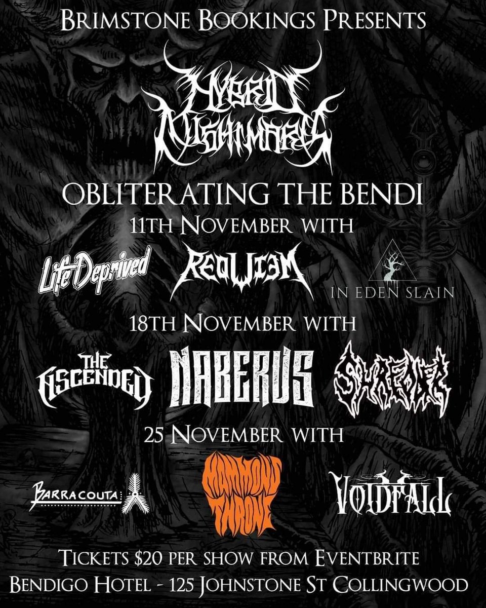 First show back is rolling round quick! Got your tix yet?

eventbrite.com.au/e/hybrid-night…

#requiem #thrashmetal #blackmetal #deathmetal #aussiemetal #extrememetal #metal #riffs #shred #live #hybridnightmares #thebendi #melbourne #tour #show