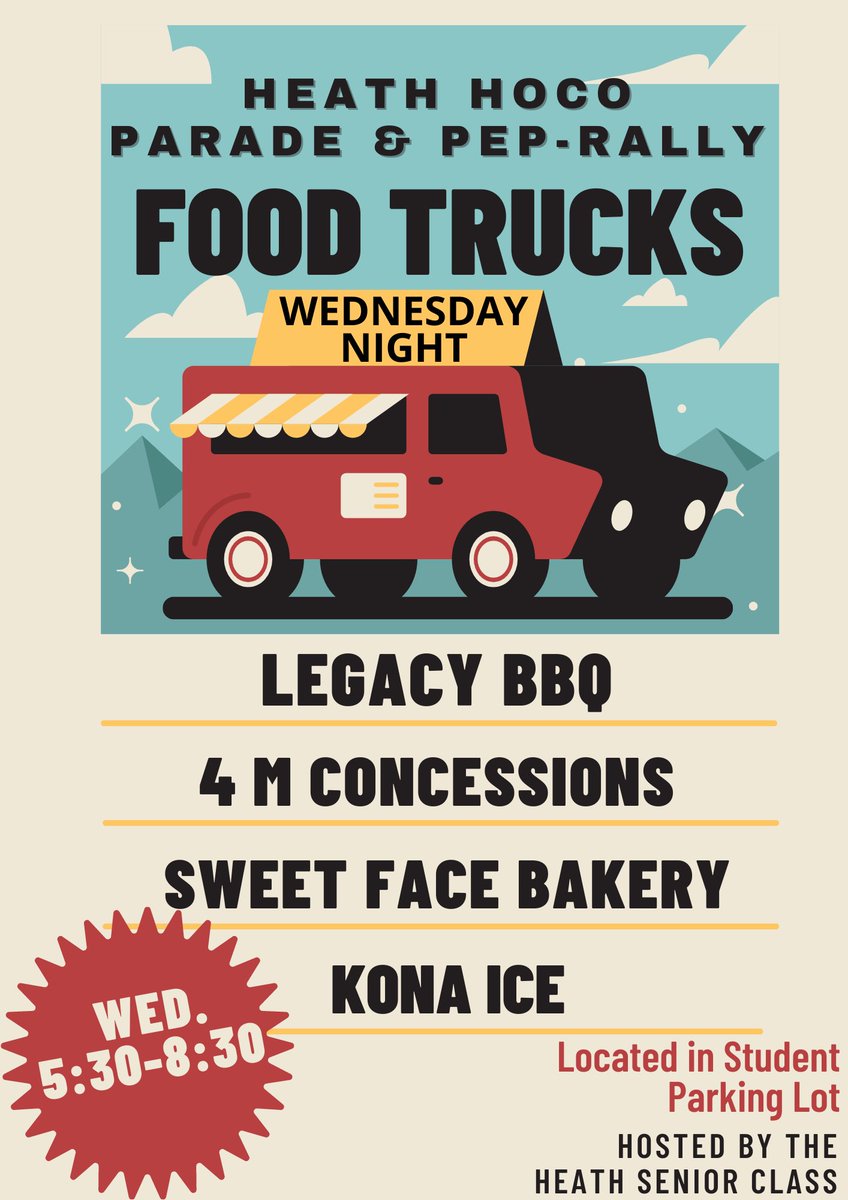 Stop by and get dinner from the food trucks at the homecoming parade &amp; pep rally tomorrow!!! #WTD <a href="/STUCOHeath/">Heath StuCo</a> <a href="/RHHSHawks/">Rockwall-Heath HS</a> <a href="/rhhspta/">Rockwall-Heath PTA</a> <a href="/thetalonyb/">The Talon Yearbook</a> <a href="/HeathDarkside/">Darkside</a> <a href="/heathcheer/">Heath Cheer</a> <a href="/rhhs_steppers/">Rockwall - Heath Highsteppers</a> <a href="/HeathHawksFb/">Heath Hawks Football</a>