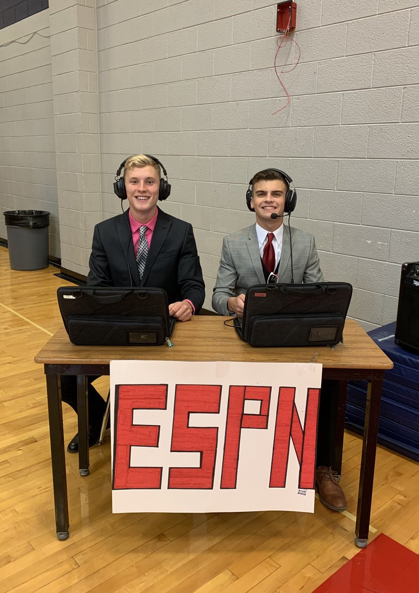 Reporters Adam Maust and Joshua Eurich, dressed in their best, for tonight’s play-by-play reporting🏐