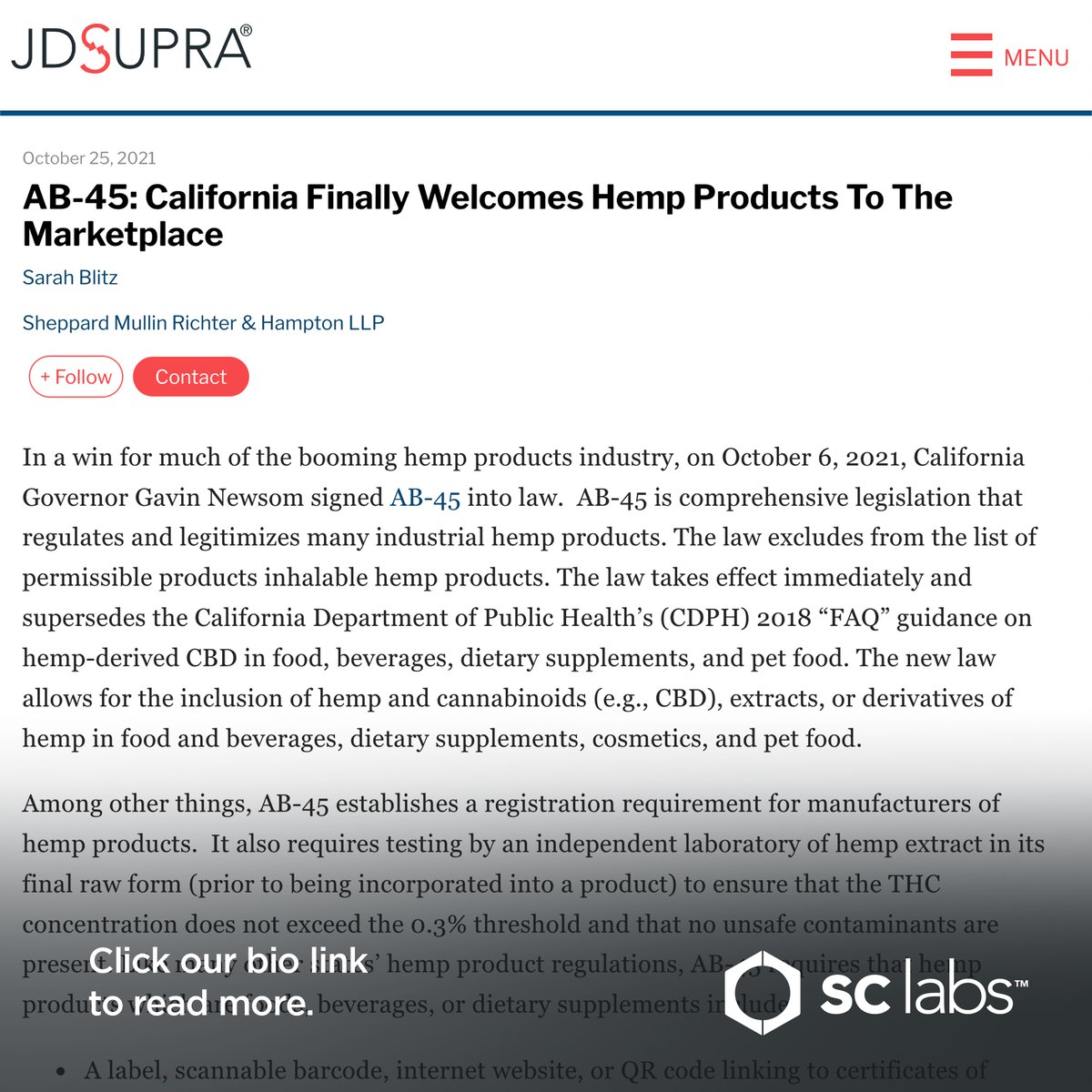 sclabs_us's tweet photo. We applaud the passage of this bill, as it requires stringent testing of hemp products on par with cannabis. We'll relay ongoing news related to this topic and how the law impacts CA hemp testing regs.
Link in bio.
#AB45 #cbd #hemptesting #cbdproducts #hempregulation https://t.co/2FSlQNoRXd
