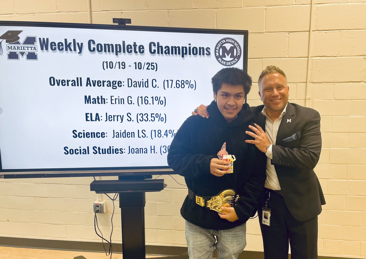 MariettaGAhs's tweet photo. My dude David wins the title‼️ Completion Champ at MESH. Now he has to retain the title. Every week it is up for grabs. Super proud PrinciPAL 🤙@MariettaCitySch #neverthrowinthetitle https://t.co/Sbl9QxSpfG