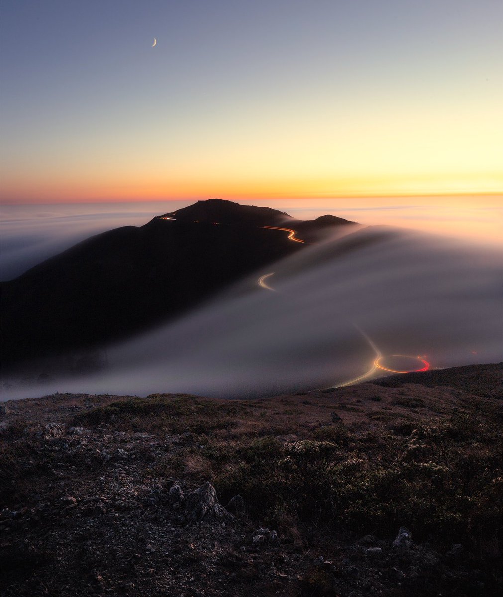 when that fog wraps you like a blanket under the crescent moon 🌙 at sunset… ran into like two coyotes that night up there in the dark. appreciate all the fog shots i seen today, had to join in … “we luv the fog”
