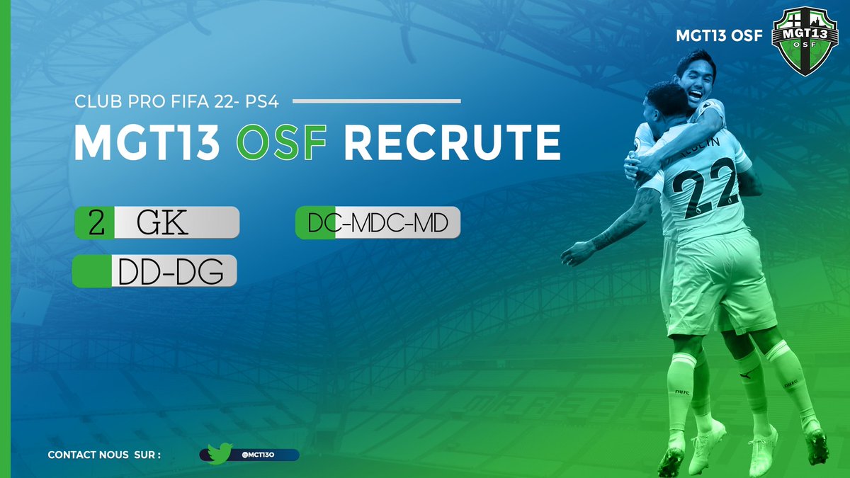 La MGT13 OSF recrute aux postes de GK, DC, DD, DG, MDC et MD. N'hésitez pas à nous contacter en DM. 
@MGT13_AC <a href="/Mgt13Es/">STRUCTURE MGT</a> <a href="/MGT13PS5/">MGT13 Esport ( Section PS5 )</a> @MGT_EfooT