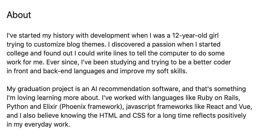 eu atualizei meu "about" do linkedin pois estou entediada e ansiosa com minha carreira, espero que meus amigos me corrijam se escrevi algo errado antes dos recrutadores verem (sejam meus amigos!)