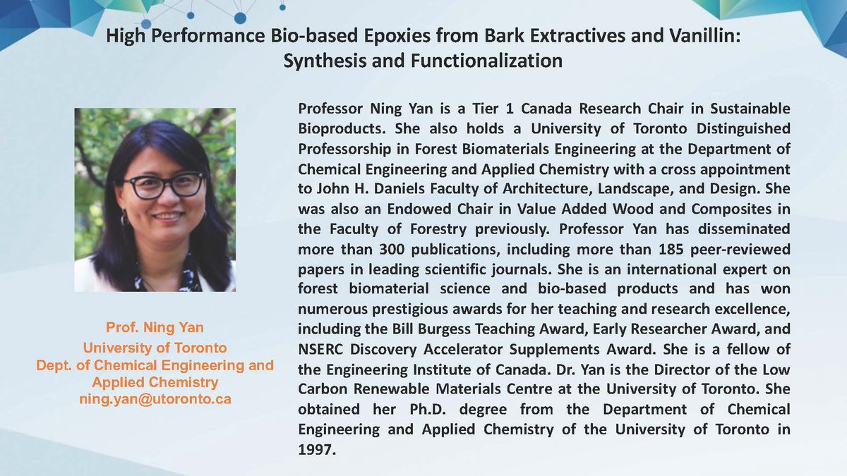 afrc_ubc's tweet image. Open virtual lecture titled “High Performance Bio-based Epoxies from Bark Extractives and Vanillin: Synthesis and Functionalization” by Prof. Ning Yan from University of Toronto at 6-7pm, Oct. 29th (Vancouver) or 9-10am, Oct. 30th (Beijing). ubc.zoom.us/j/8969698985?p… Pass:123456