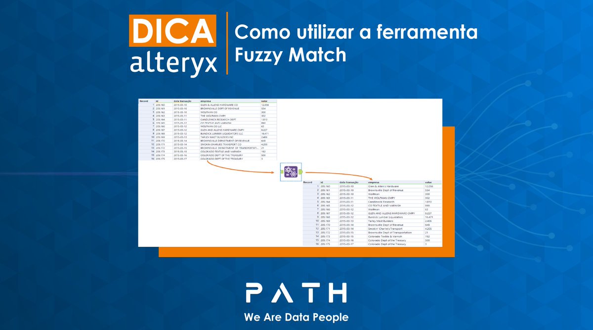 PathDataFan's tweet photo. Nessa dica você irá aprender a utilizar ferramenta Fuzzy Match e suas possibilidades de configuração.
Confira a dica completa no nosso site: https://t.co/0nx3cURPbp
#alteryx #alteryxtips #togetherwesolve #datafam #pathtips #pathdatafan https://t.co/s6U3VgFHq6