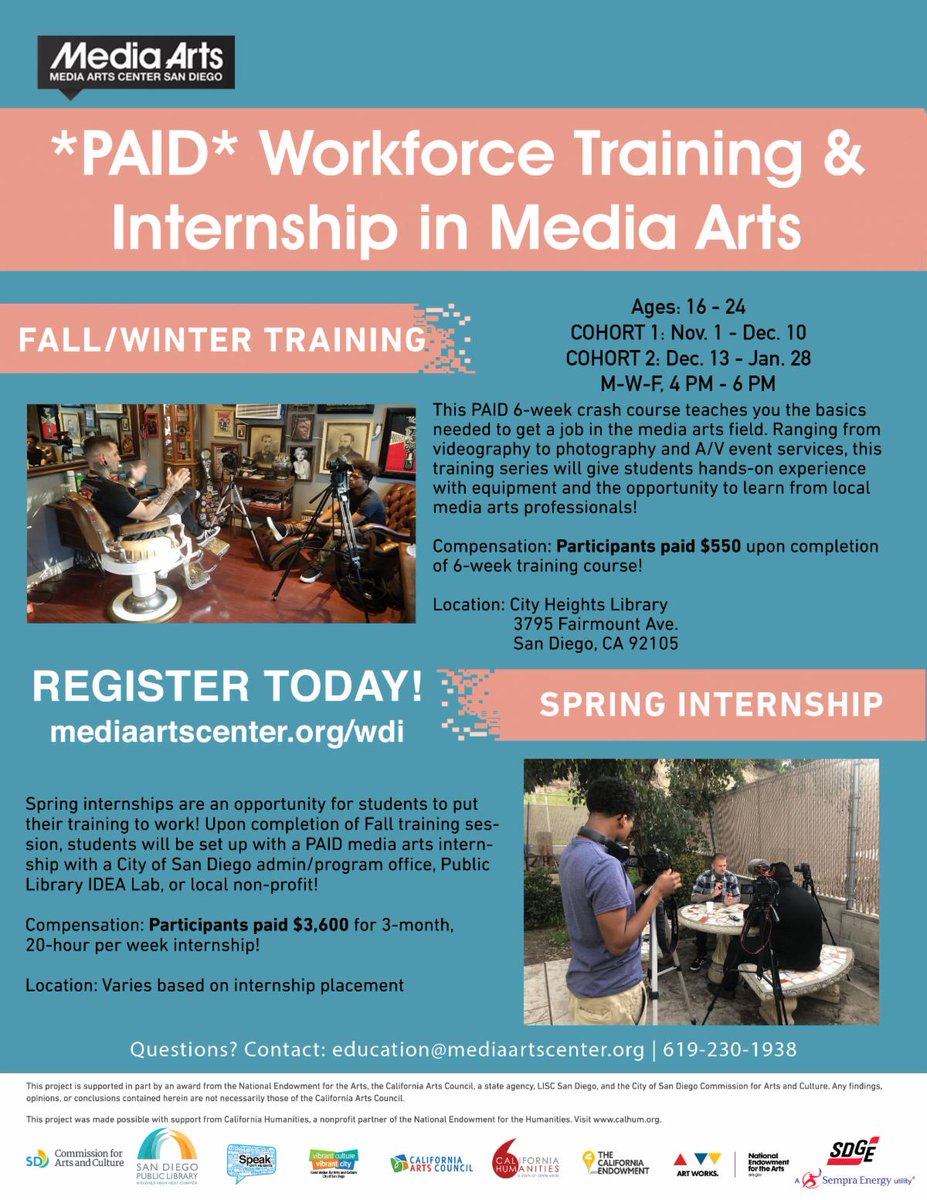 If you're interested in Media Arts there's a paid opportunity to take a crash course and apply for an internship this Fall and Spring!!
Must be between the ages of 16 - 24
The course is 6 weeks and the internship is 3 months, both with compensation!

education@mediaartscenter.org