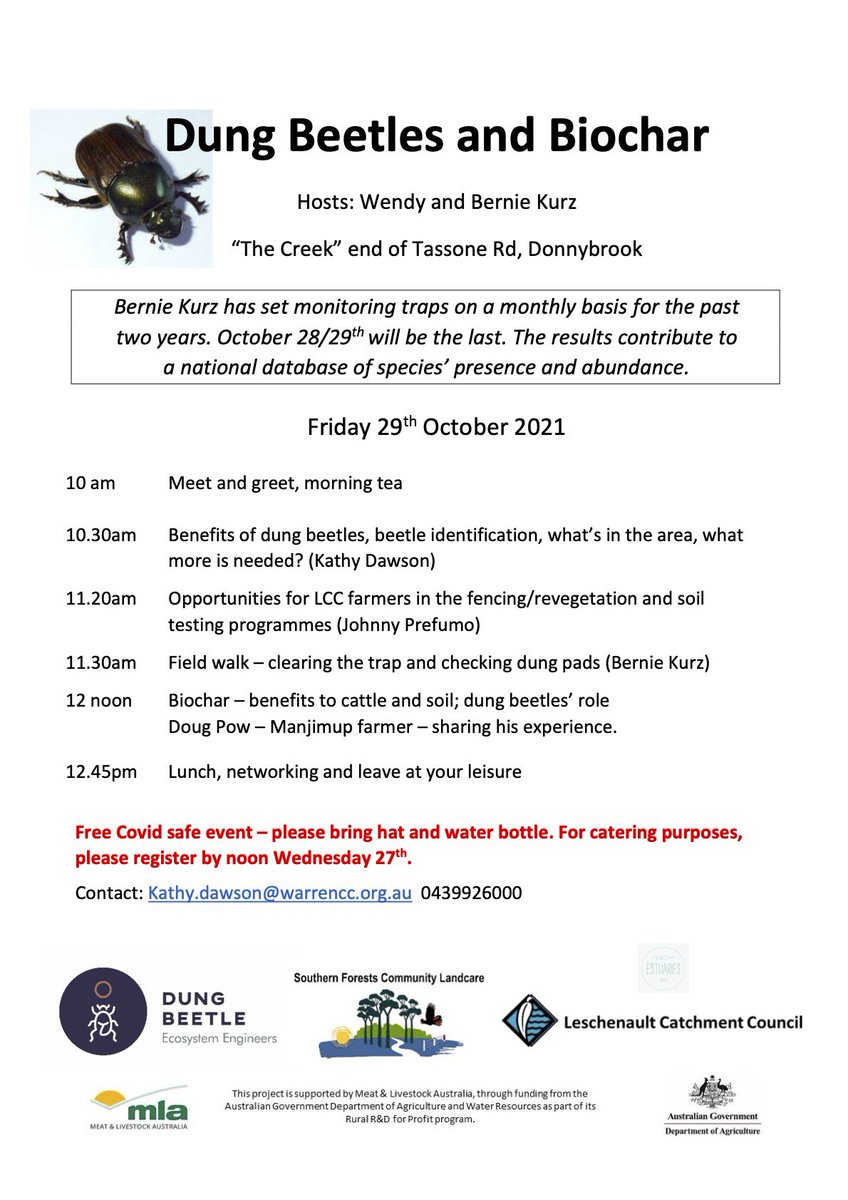 Leschenault CC (@leschenaultcc) on Twitter photo Still time to register for the dung beetles and biochar field day this Friday in Donnybrook! Email kathy.dawson@warrencc.org.au to register and for more info. Still time to register for the dung beetles and biochar field day this Friday in Donnybrook! Email kathy.dawson@warrencc.org.au to register and for more info.