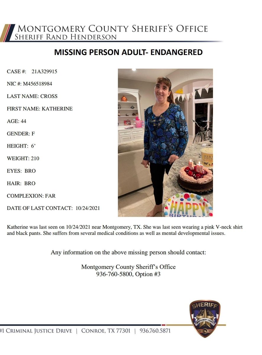 MCTXSheriff's tweet photo. MCTXSheriff Searching for Missing Endangered Adult https://t.co/BLSA0FhhSt https://t.co/tNLV7A6eSb