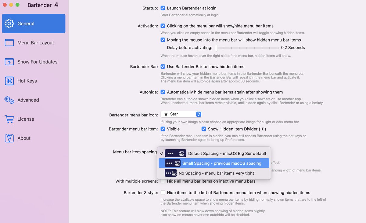 Allison Sheridan (@podfeet) on Twitter photo In a more helpful vein, don’t forget that <a href="/macbartender/">Bartender for Mac</a> will let you set the default spacing of menu bar icons to smaller or even NO spacing? In a more helpful vein, don’t forget that <a href="/macbartender/">Bartender for Mac</a> will let you set the default spacing of menu bar icons to smaller or even NO spacing?