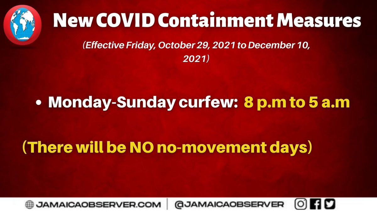JamaicaObserver's tweet photo. #LatestNews: PM @AndrewHolnessJM has announced the new curfew measures effective Friday, October 29, 2021.

Mondays to Sundays: 8pm to 5 am.

There will be NO no-movement days.

#COVID19 #CurfewUpdates #AlwaysAhead #ONews https://t.co/ZVMVfxxclT