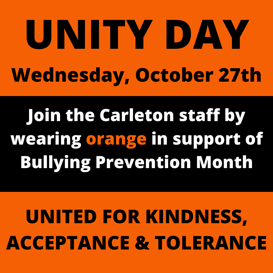 CarletonCougars's tweet photo. Don't forget to wear your orange tomorrow for Unity Day, October 27. Let everyone know you stand for kindness not bullying! #UnitingforaCause #BullyingPreventionMonth2021 https://t.co/dVktRFJGsX