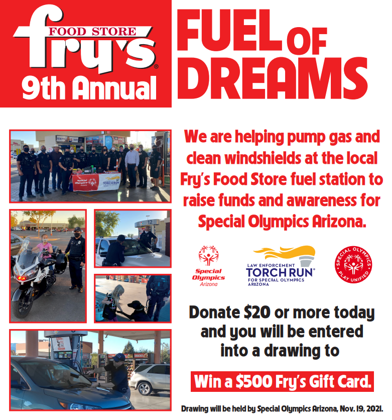 BuckeyeAZPD's tweet photo. This THURSDAY, officers will help you gas up your cars and wash your windshields while raising money for Special Olympics!  #BPD will be at these Fry's fuel locations 3 p.m. - 6 p.m.
🚗 1300 S Watson Rd (Watson and Yuma)
🚗 19600 W Indian School Rd (Indian School and Jackrabbit) https://t.co/Tj8mMhaosT