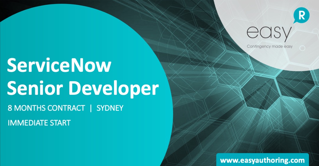 Are you an experienced ServiceNow Developer looking for your next contract?

If yes, please visit bit.ly/3vLIaFA to learn more or apply.

#EasyAuthoring #easyA #ServiceNow #ServiceNowDeveloper #ITSM #HRSD #ITOM #SOAP #ServiceNowCertified #NSWGovernment

<a href="/eLearningpeople/">EasyAuthoring</a>