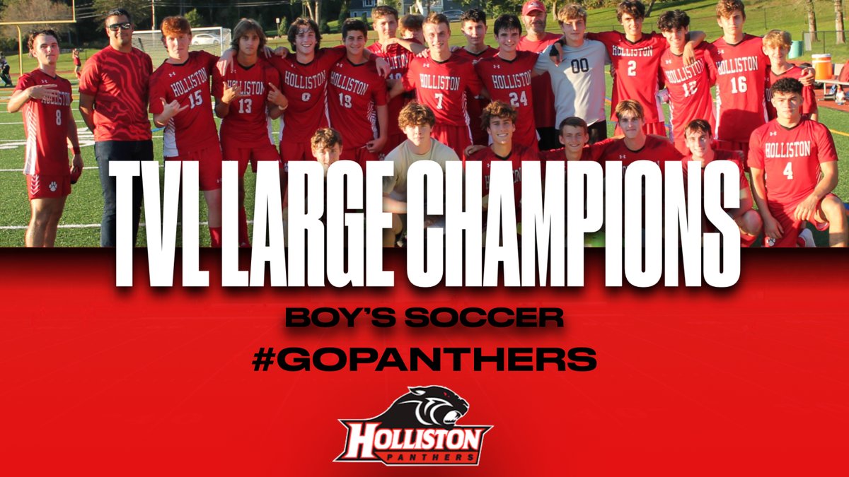 HollistonAD's tweet photo. With a 3-2 victory over Westwood tonight, your #1 ranked division 2 boy’s soccer team are TVL Large Champions for the third straight season. #GoPanthers https://t.co/fwB64T2R88