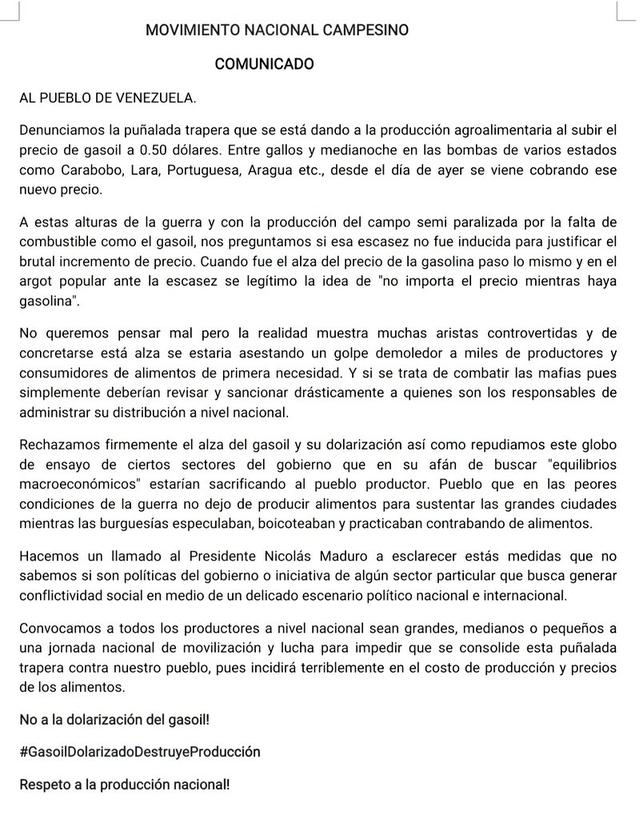TatuyTv's tweet photo. #26Oct Denuncia grave e importante del sector campesino de que en varios estados del país, sin aviso previo, se empezó a cobrar el gasoil a 0,50 dólares. Estas medidas, oficiales o de facto, llevan a los pequeños productores a la ruina y ponen el peso de la crisis en el pueblo https://t.co/r0SLd47gMe