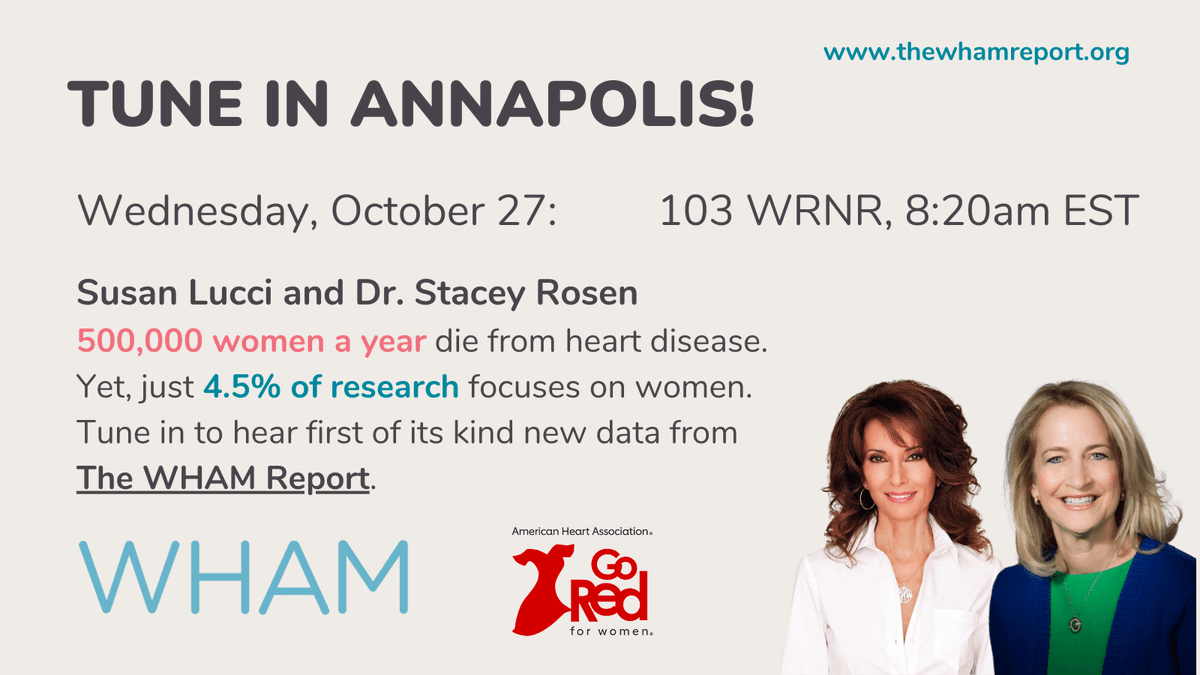 WHAMnow's tweet photo. Tune in at 8:20AM tomorrow, #Annapolis! Don’t miss @Susan_Lucci (@goredforwomen) & @drstaceyrosen (@northwellhealth @KatzWomensHlth) discuss first of its kind new data from the #WHAMReport on @103WRNR. Learn more: https://t.co/Ab7CcYqQET https://t.co/filVjiNxFj