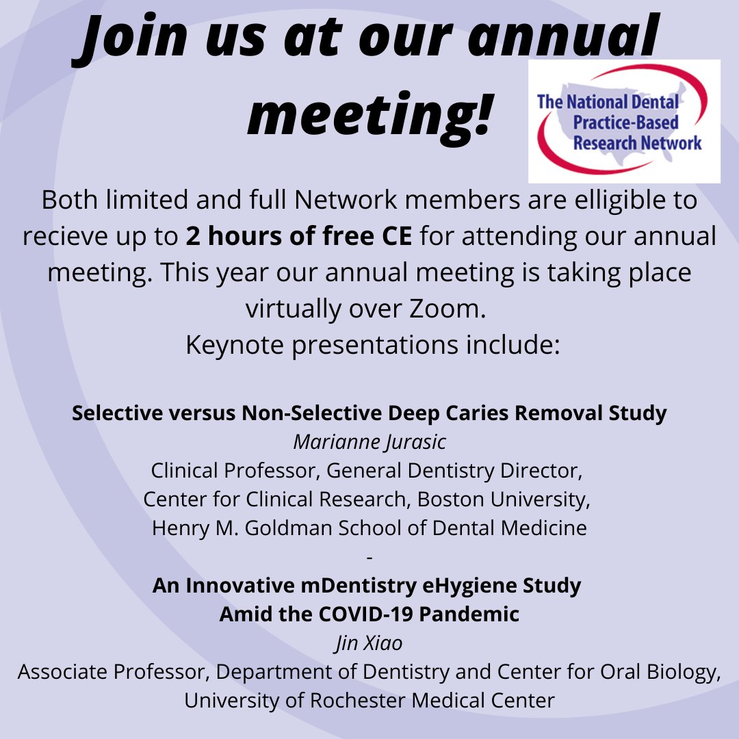 DentalPBRN's tweet photo. Register NOW! Our virtual annual meeting is free and you can earn up to 2 hours of CE. Please join us in this interactive program.  

https://t.co/YVSmMRNylb https://t.co/aOu0q4WzrF