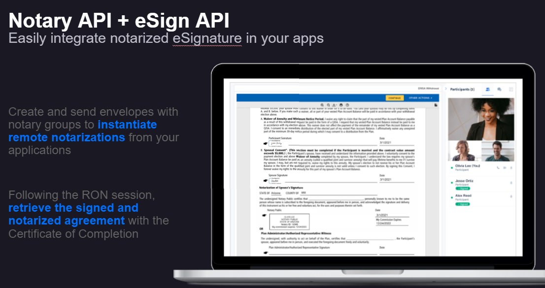 DocusignDevs's tweet photo. ๐จ Introducing @DocuSign Notary API!
Notarize documents electronically and remotely. Integrate with the #eSignature #API for a seamless experience you can manage programmatically
#DocuSignDevCon https://t.co/Vz6lH9LgKO