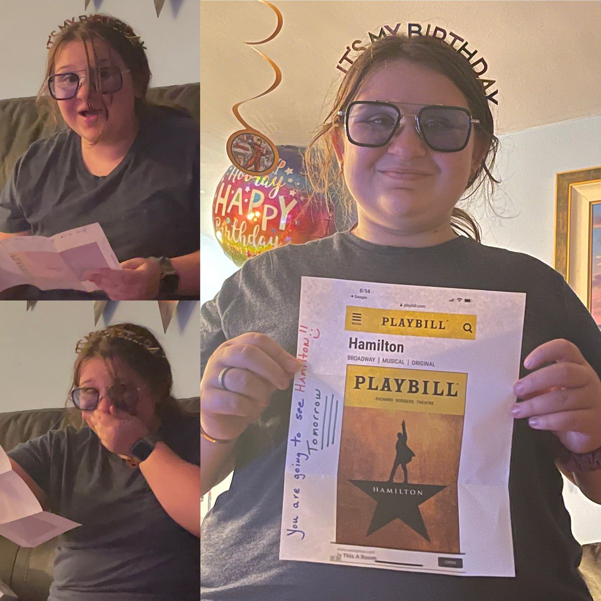 Last year we celebrated her turning 10 with a Hamilton themed party and a cameo from @jamesmiglehart. Tonight for her 11th she found out she is seeing @HamiltonMusical (she has no clue @jamesmiglehart is in it that’s a surprise for tomorrow)!!! #broadwayisback